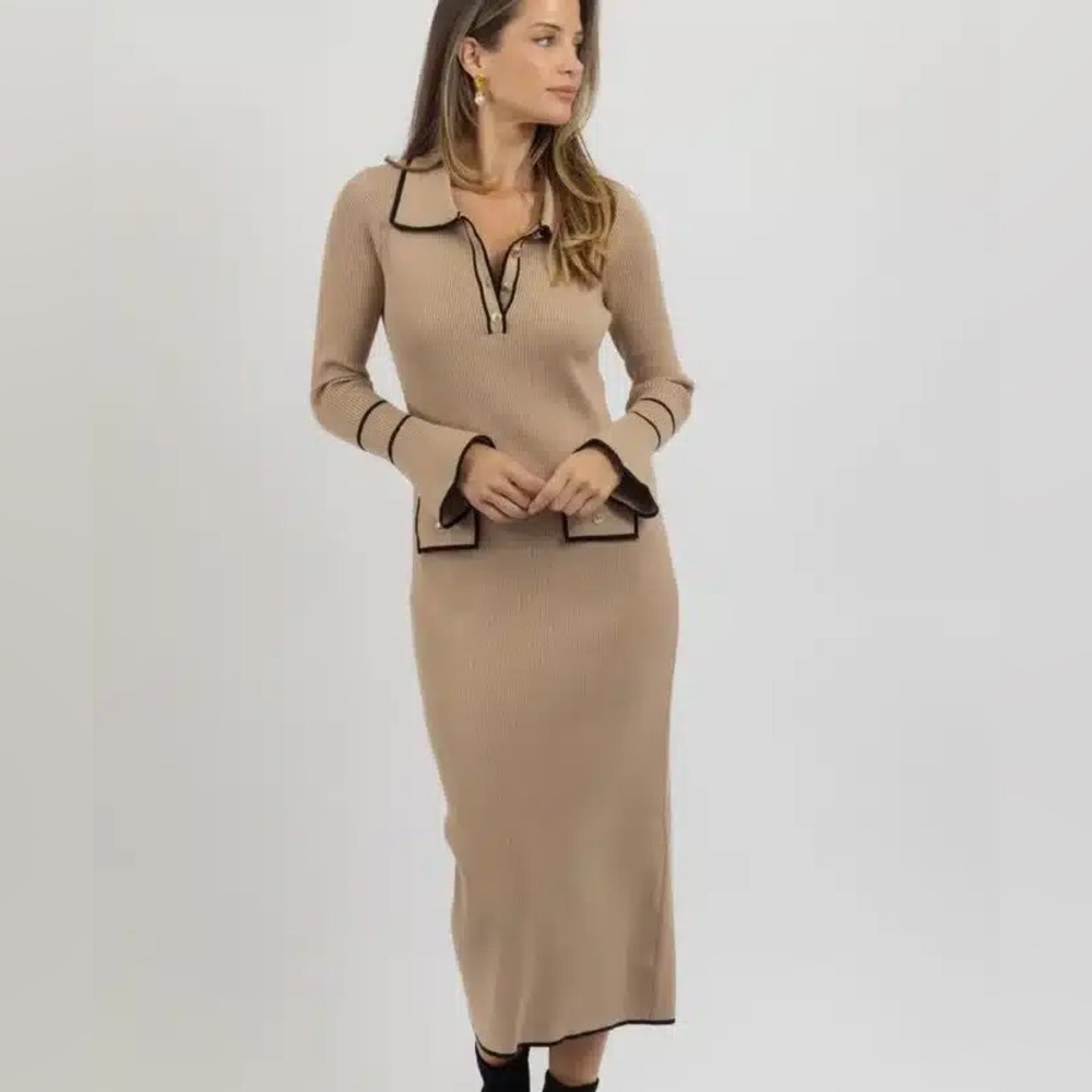 Chic Long Sleeve Tan Dress with Black Accents